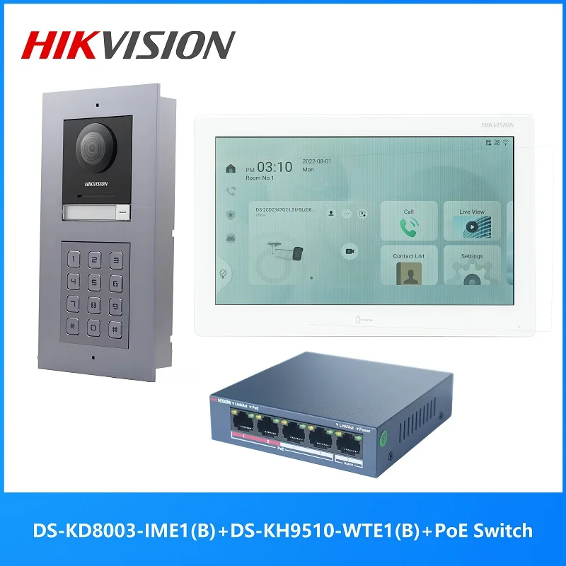 Hikvision Kit Videocitofono Poe 802.3Af Multilingue, Include Ds-Kd8003-Ime1(B) E Ds-Kh9510-Wte1(B) E Switch Poe
