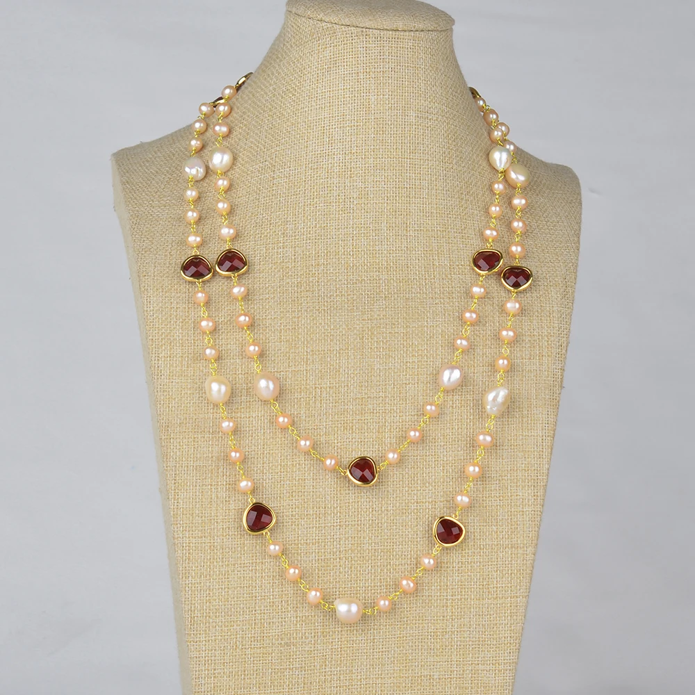 

52“Natural Pearl 52'' Pink Keshi Baroque Pearl Red Crystal Long Necklace