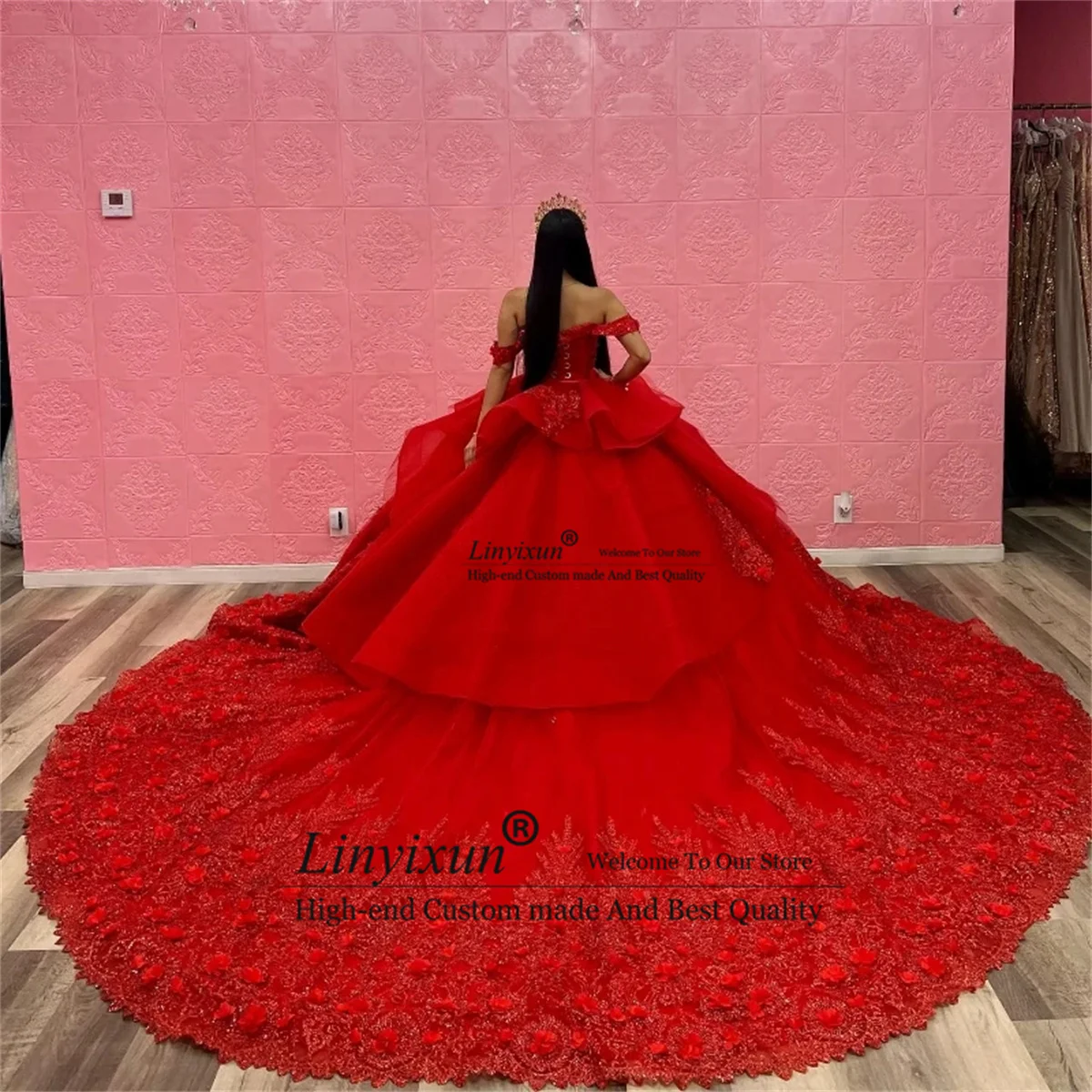 Red Sparkly Sequins Lace Quincenara Dresses Custiomized Luxury Beaded Ball Gown Sweet 16 Gown Off Shoulder Vestidos De XV15 A&ntilde;os