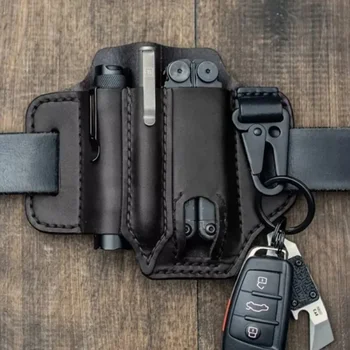 가죽 칼집 멀티툴 칼집 EDC 포켓 오거나이저, 벨트 및 손전등용 키 홀더 포함, 야외 캠핑 도구