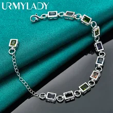 

URMYLADY 925 Sterling Silver Square inlaid With Multi-color AAA Zircon Chain Bracelet For Women Wedding Engagement Party Jewelry