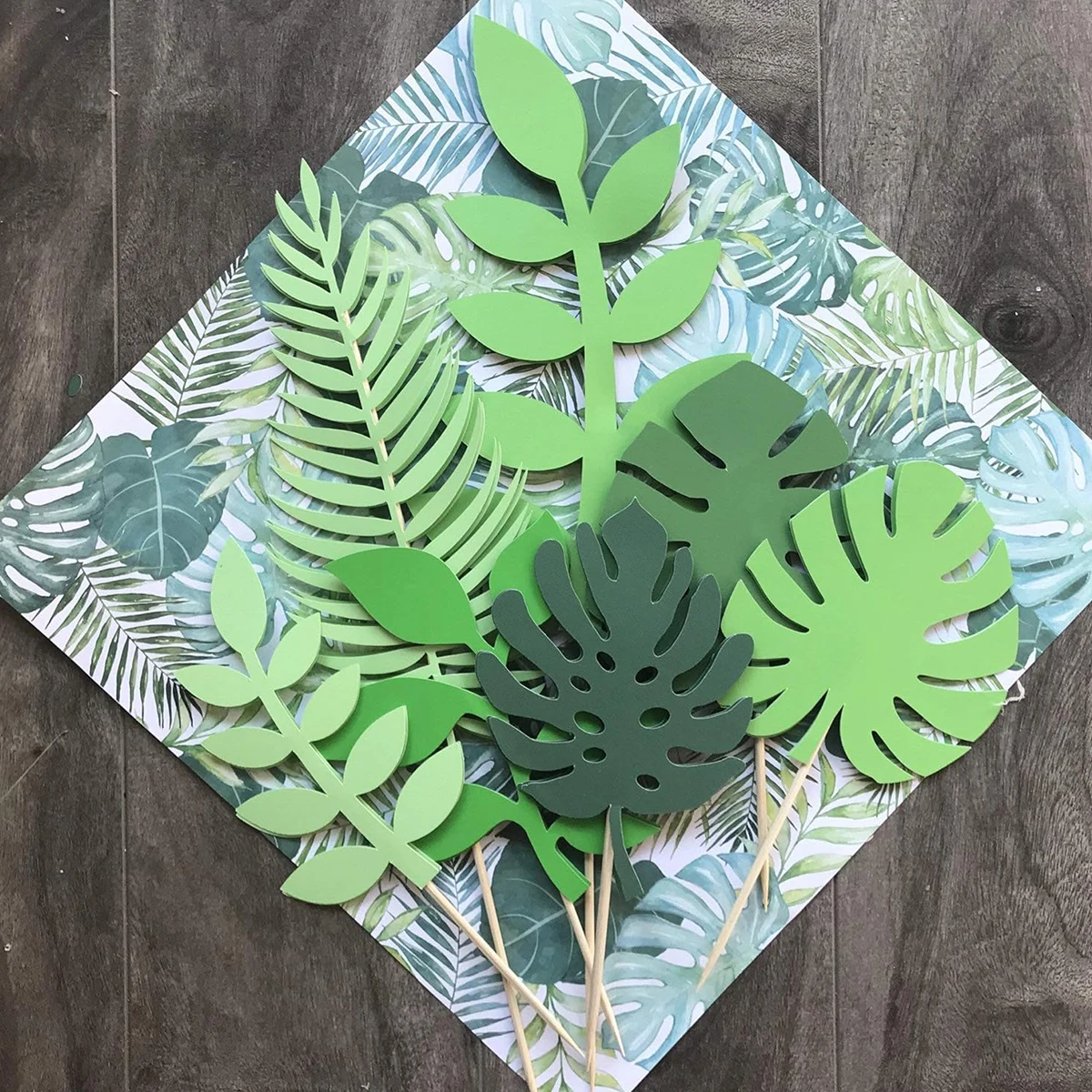 Ein Set mit 7 glitzernden tropischen Blättern, Tortenaufsatz, tropische Hochzeitstorte, Dekoration, Grün, Palmblatt-Kuchenaufsatz