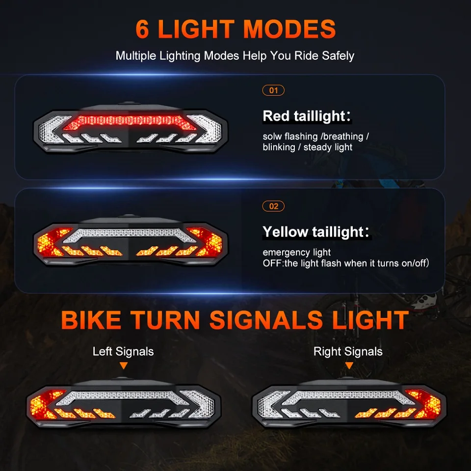 Remote Control Bike Alarm Wireless Vibration Alarm Bicycle Taillight Extractme Wireless Bicycle Alarm Rear Tail Light Turn Signal IP65 Waterproof Remote Control USB Bike Brake Taillight