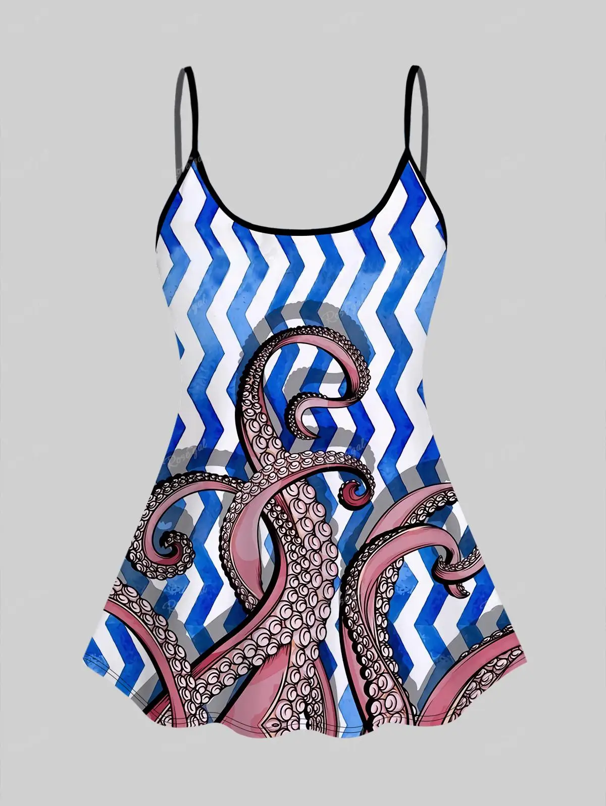 Plus Size Octopus Stripes Print Boyshorts Tankini Swimsuit Women Summer Adjustable Shoulder Strap Wire Free Bathing Suit