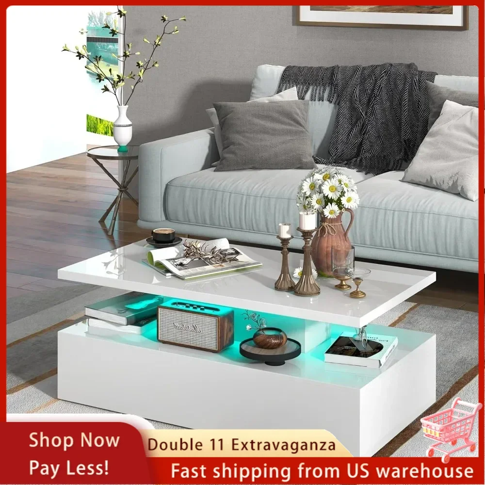 LED Coffee Table, Modern High Gloss Coffee Table w/ 20-Color LED Lights,2-Tier Rectangle Living Room Center Table