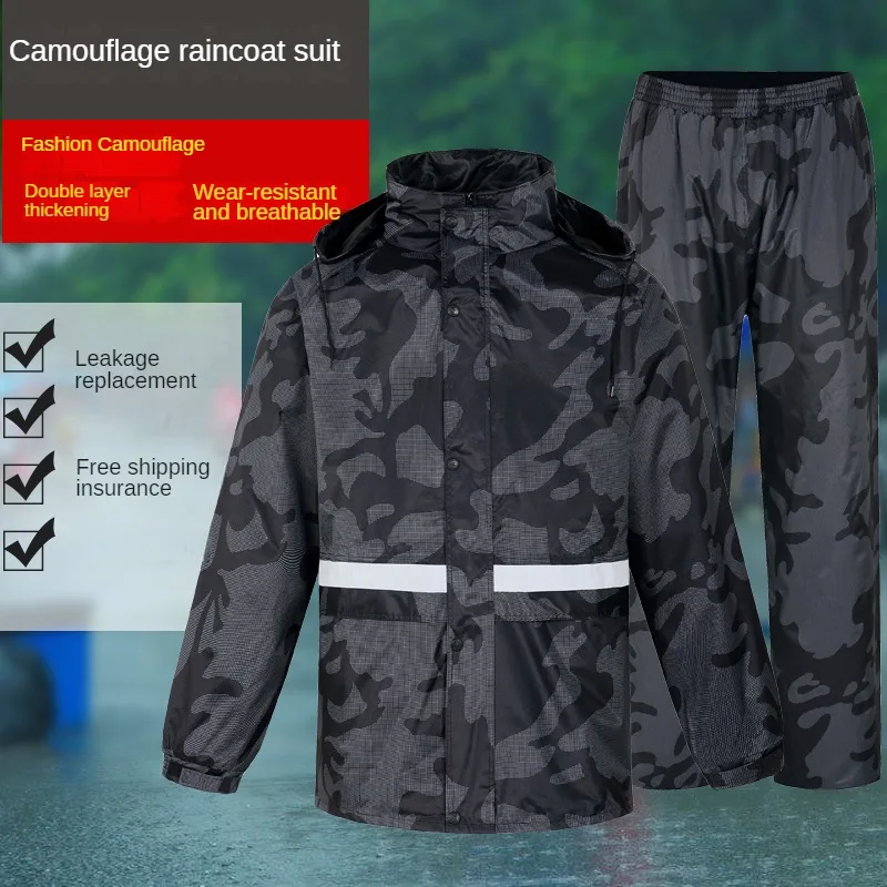 

Motorcycle Camouflage Gray Raincoat and Rain Pants Set for Outdoor Riding Split Double Layer Full Body Raincoat
