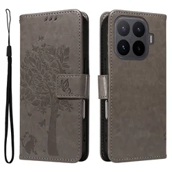 Cat Tree Embossed Leather Wallet Flip Phone Case with Card Holder - Xiaomi 17 Max (GRAY)