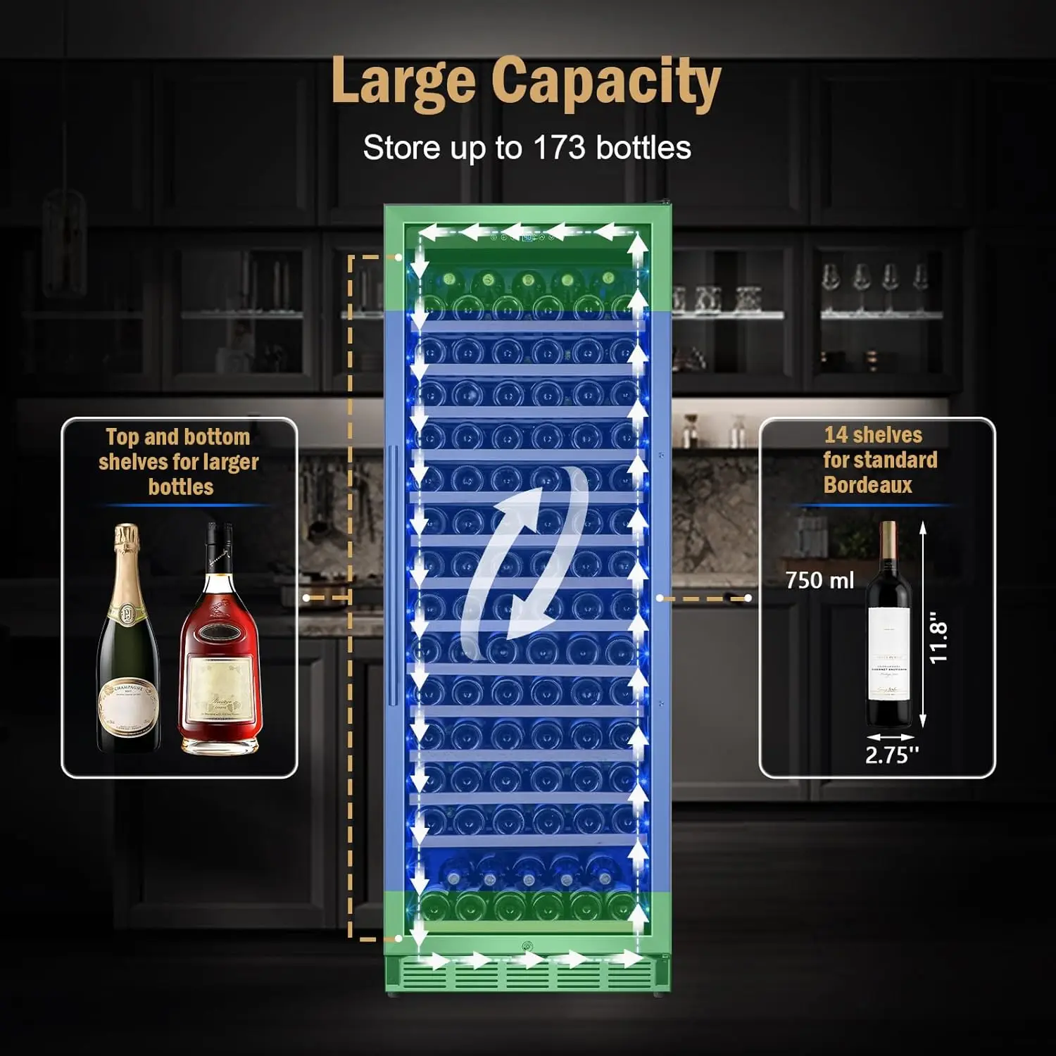 Fridge Freestanding,173 Bottles 24 Inch Wine Cooler Refrigerator, Tall Wine Fridge with Compressor Low Noise Fast Cooling
