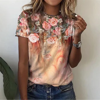 Floral Plants Pattern T-Shirt For Women Flower 3D Printed T Shirts Summer Casual Round Neck Tops Short Sleeves Oversized Tees 1