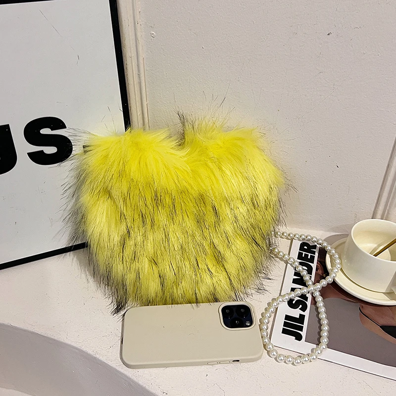 10-farbige weiche Plüschtasche für Damen, Retro-Perlenkette, Umhängetasche, luxuriöse Kunstfell-Abend-Clutch-Tasche, Handtasche, rote Herz-Tasche, Geldbörse – Detail 11