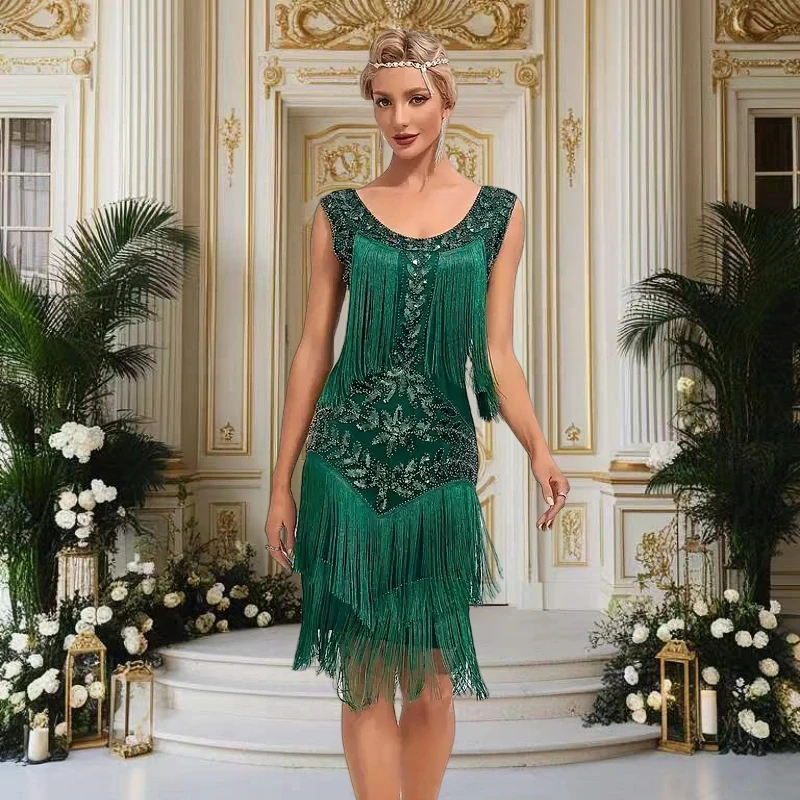 1920s Sleeveless Flapper Dresses Scoop Neck Great Gatsby Dresses Fringed Sequin Roaring 20s Dress Cocktail Party Costume 5