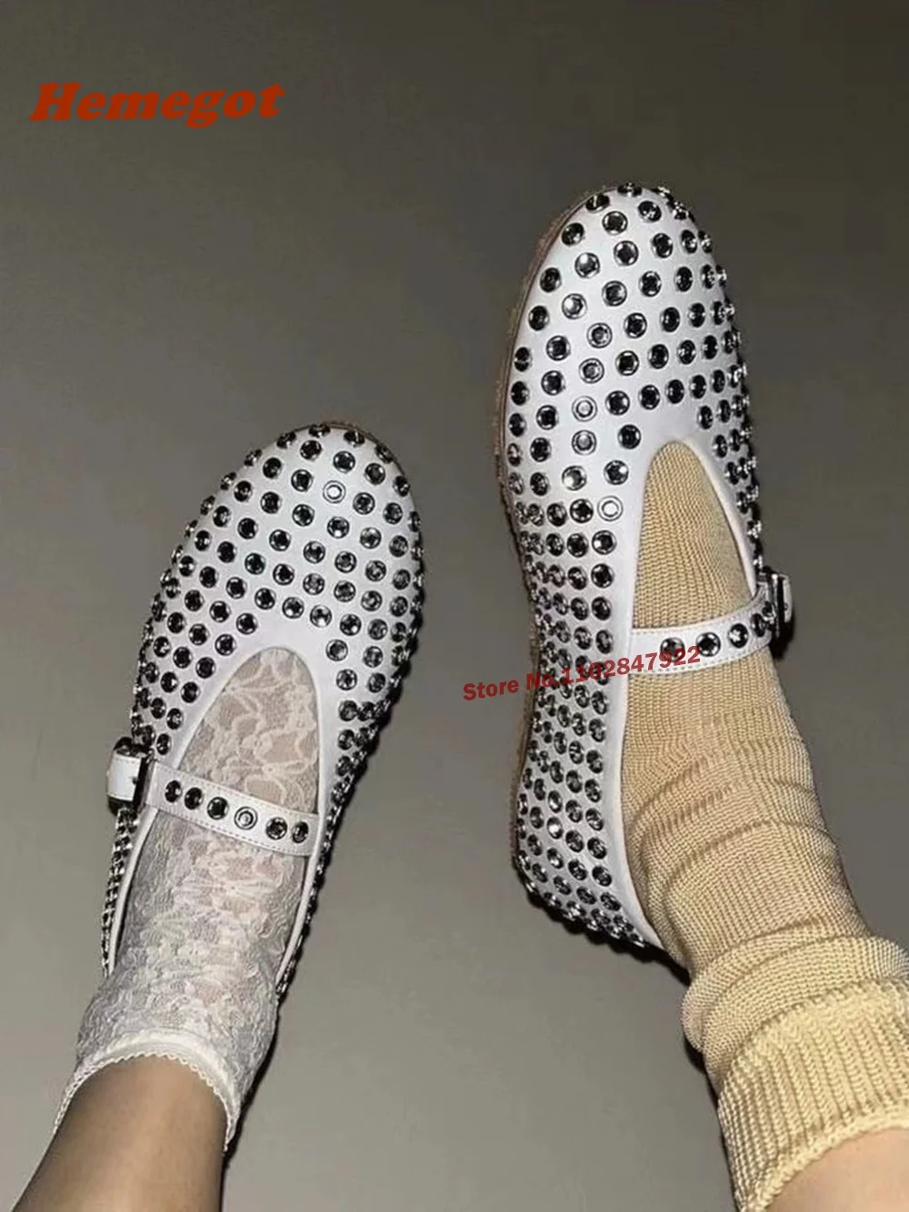 

White Rhinestone Rivet Mary Jane Ballet Shoes Women's Flat Bottom Comfortable Ballet Dance Shoes Genuine Leather Round Buckle