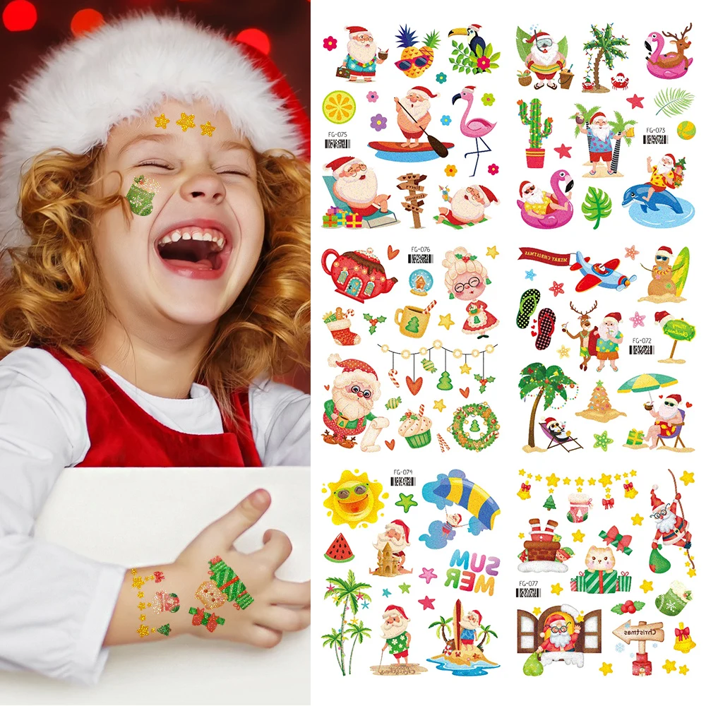 

Новые рождественские наклейки с татуировками для детей, милая мультяшная переводная картинка для лица, руки, боди-арт, фестиваль, искусство, искусство, татуировки, наклейки, Декор
