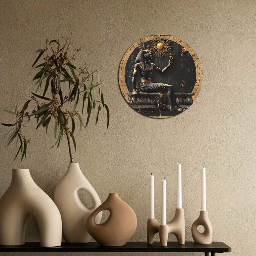 Round Aluminum Flat Sign, Egyptian Pharaoh Figure Themed, Perfect for Office Room, Home Door Decor, Abstract Designed, 2D - Image 3