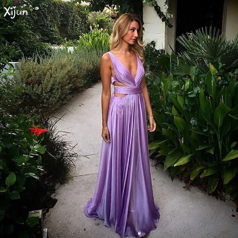 

Xijun Purple A Line Prom Dresses Spaghetti Strap Party Gowns Sexy Deep V Neck Evening Dress Pleated Robes De Soirée Customize