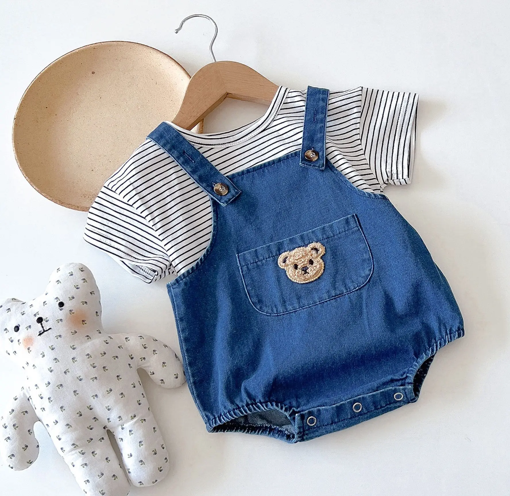 

2023 New Summer Korea Baby Clothing Kids Set Toddler Girls Clothes Children Suit Infant Tee and Denim Overall Boys Outfit