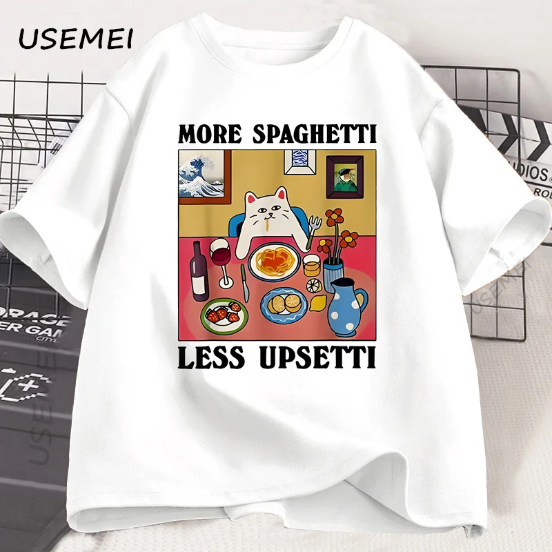 Mehr Spaghetti Weniger Upsetti Lustige Katze T-Shirt Männer Frauen Gedruckt T Shirt Harajuku O Hals Baumwolle Kurzarm T-shirt Katze Liebhaber