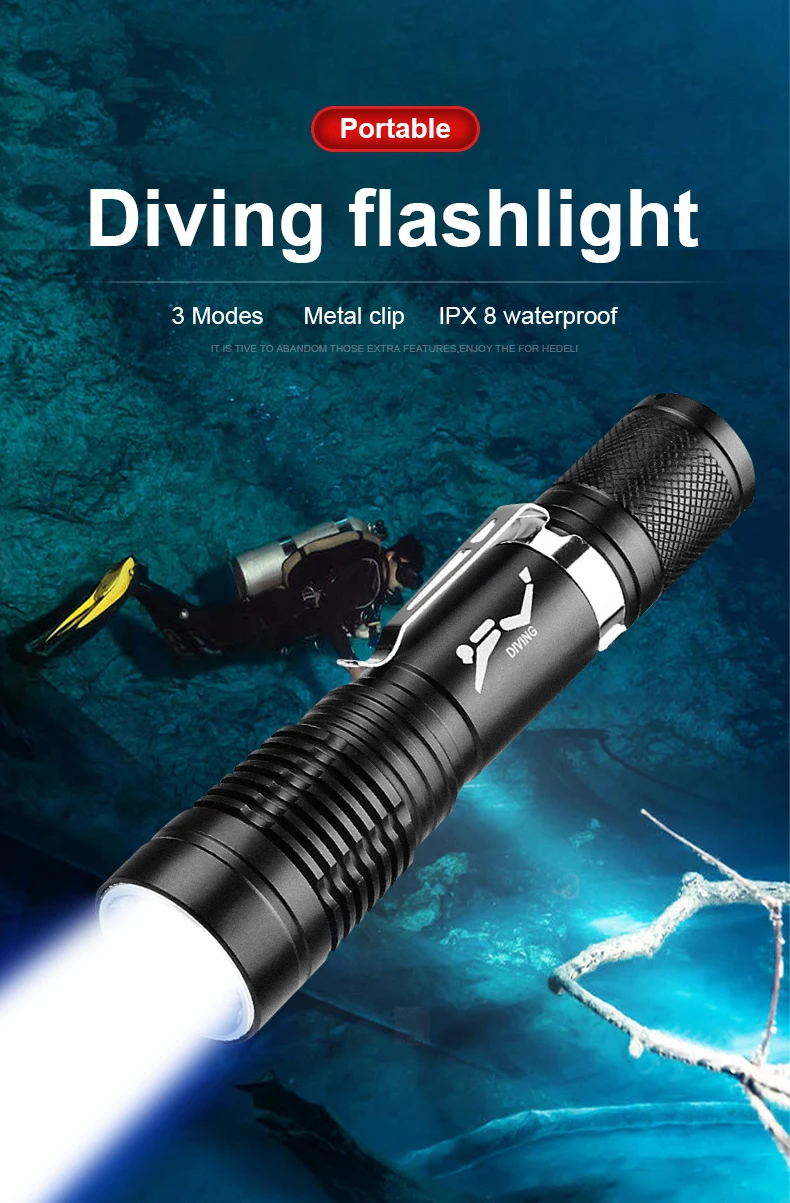 Description Picture 4 of itemSuper Bright Diving Flashlight Portable 10 Meters Diving Torches IPX8 waterproof Diving Lamp Underwater Hunting Lantern Fishing