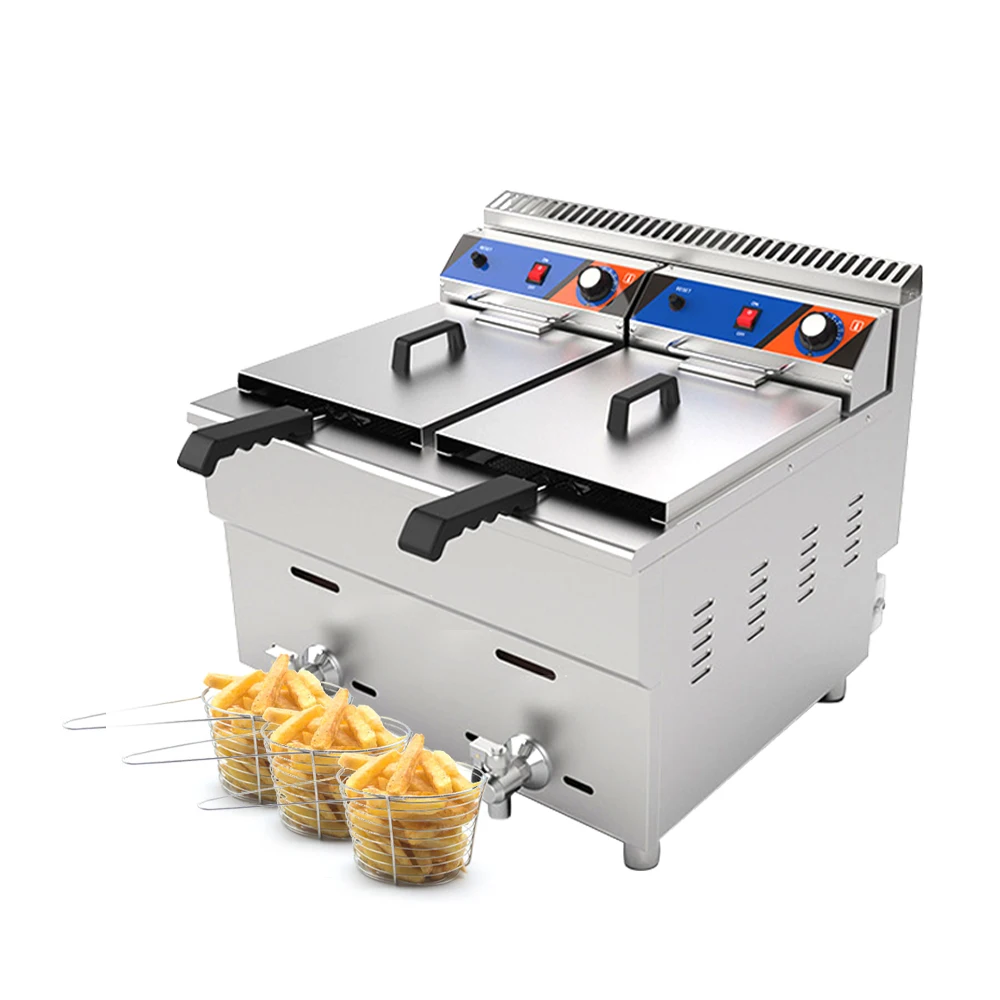 Commercial 34L Potato Chips Frying Electric Double Tank Deep Fryer With Double Sieve ferris wheel snack stand frying basket for french fries with sauce cup french holder potatoes chips french metal