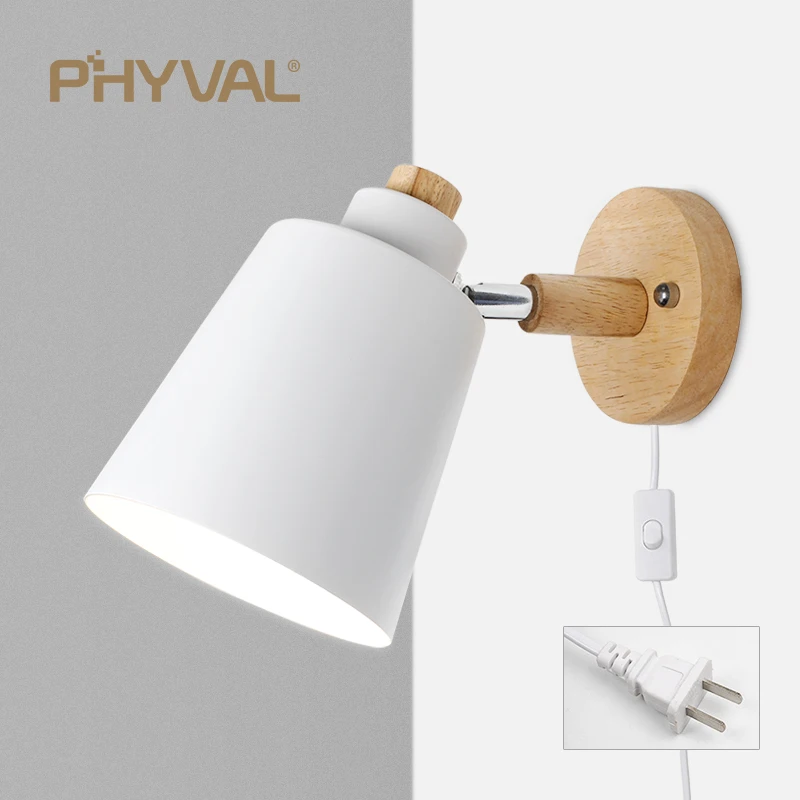 PHYVAL Nordic Wall Lamp Light Fixture with Switch for Corridor Bedside Living Room EU/US Plug Sconce Iron E27 Macaroon Lighting