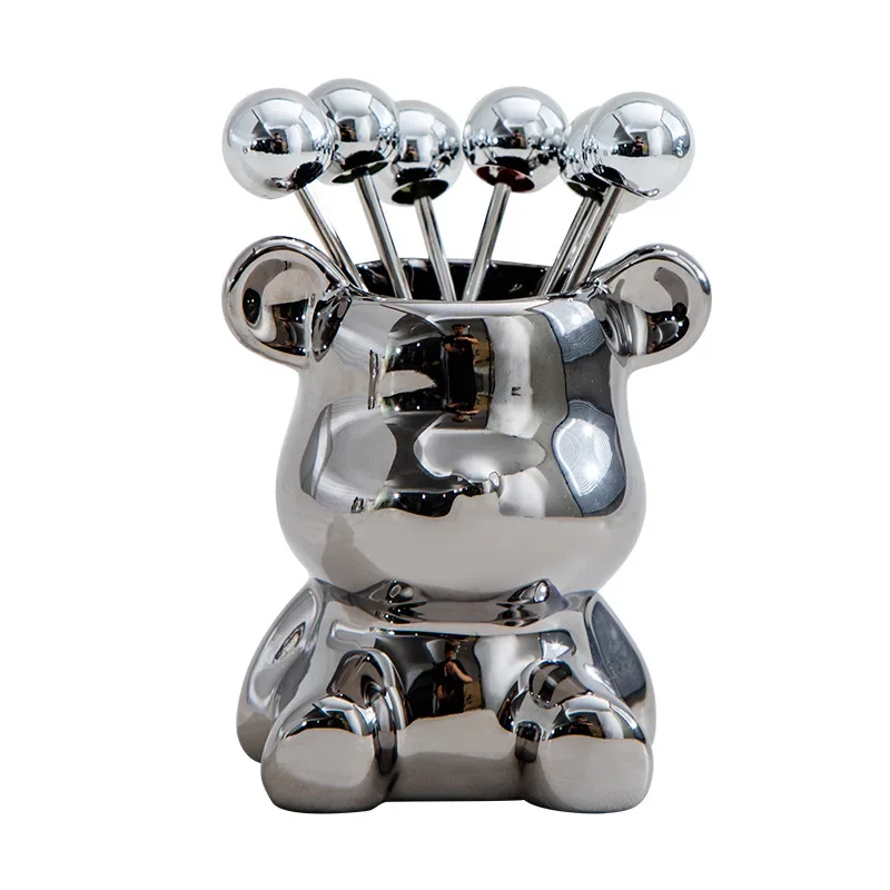 

Light Luxury Nordic Bear Fruit Fork Set Cute Stainless Steel Storage Jar High Value Ceramic