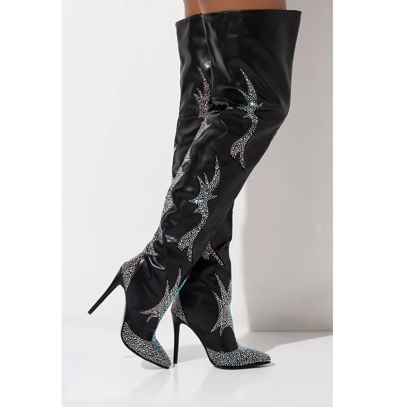 

Sping Women Black Leather Rhinestone Totem Patchwork Boots Woman Crystal Pointed Toe Over The Knee Boots Thin Heels Knight Boots