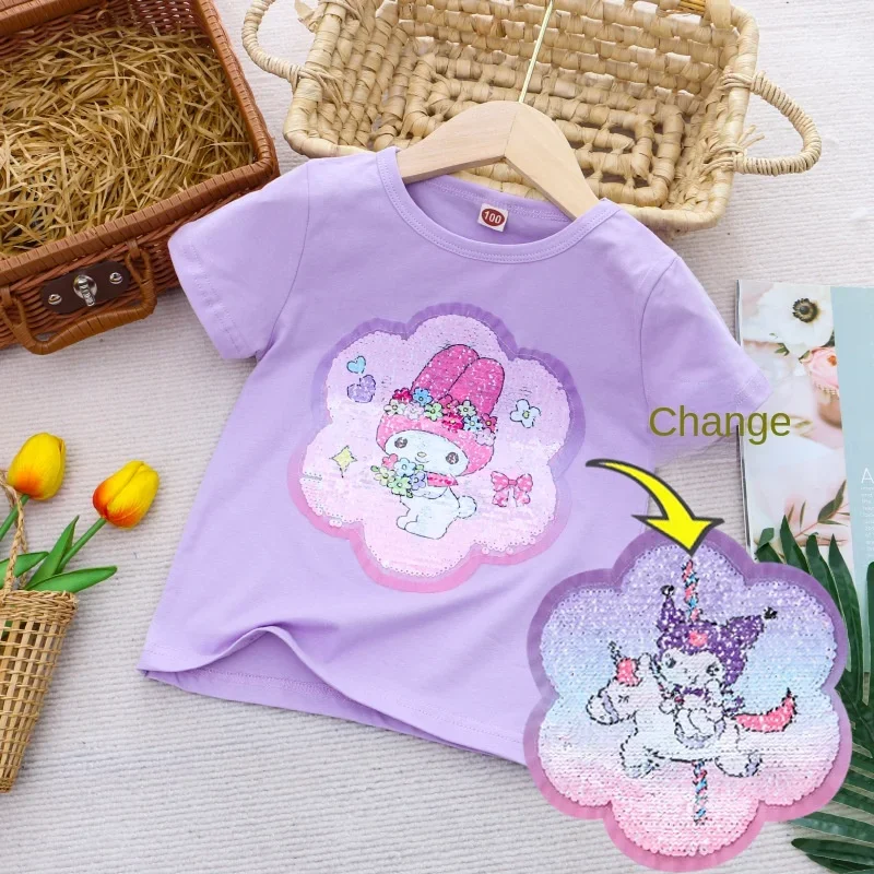 Sanrio Girl Short Sleeve T-Shirt Hello Kitty Kuromi Cinnamoroll Girls' Cotton Material T-shirt Multi Colored Cartoon Pattern Top 5