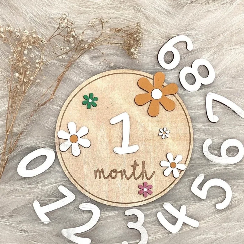 Wooden Baby Monthly Milestone Cards Flowers Double Sides Number Month Girls Boys Newborn Photography Props Accessories_voghion.com