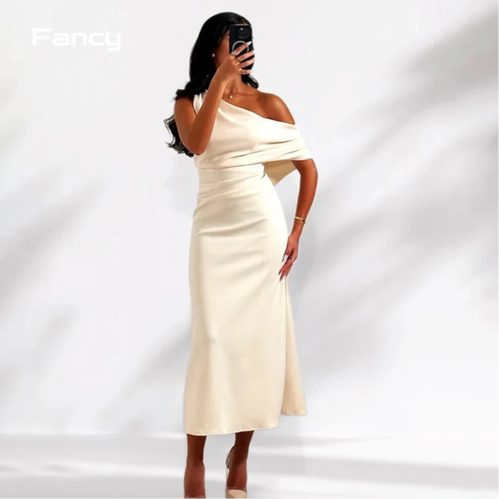 

Fancy Simple Ivory Saudi Arabic Women Evening Party Dresses Stretch Tea Length African Cocktail Dress Formal Prom Gowns