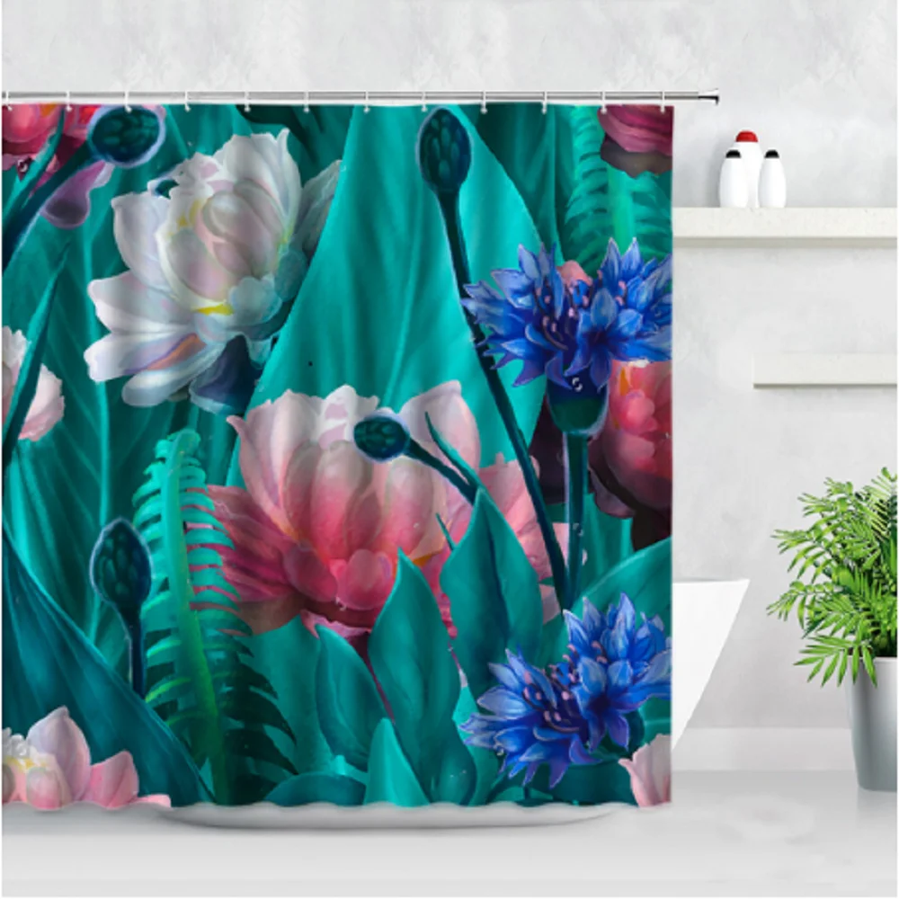 

Ink Painting Scenery Shower Curtain Chinese Style Lotus Peony Flower Bird Printed Waterproof Bath Curtains Bathroom Deco Screen