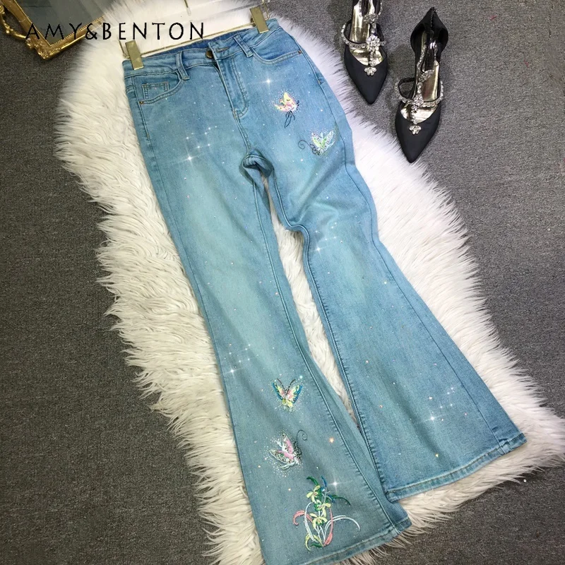 Diamond Drills Jeans Women's Handmade Embroidered Butterfly High Waist Slimming Slightly Spicy Pants Spring Summer Long Pants 2023 autumn new street style trousers hot girl gradient diamond drills washing wide leg jeans long loose high waisted y2k pants