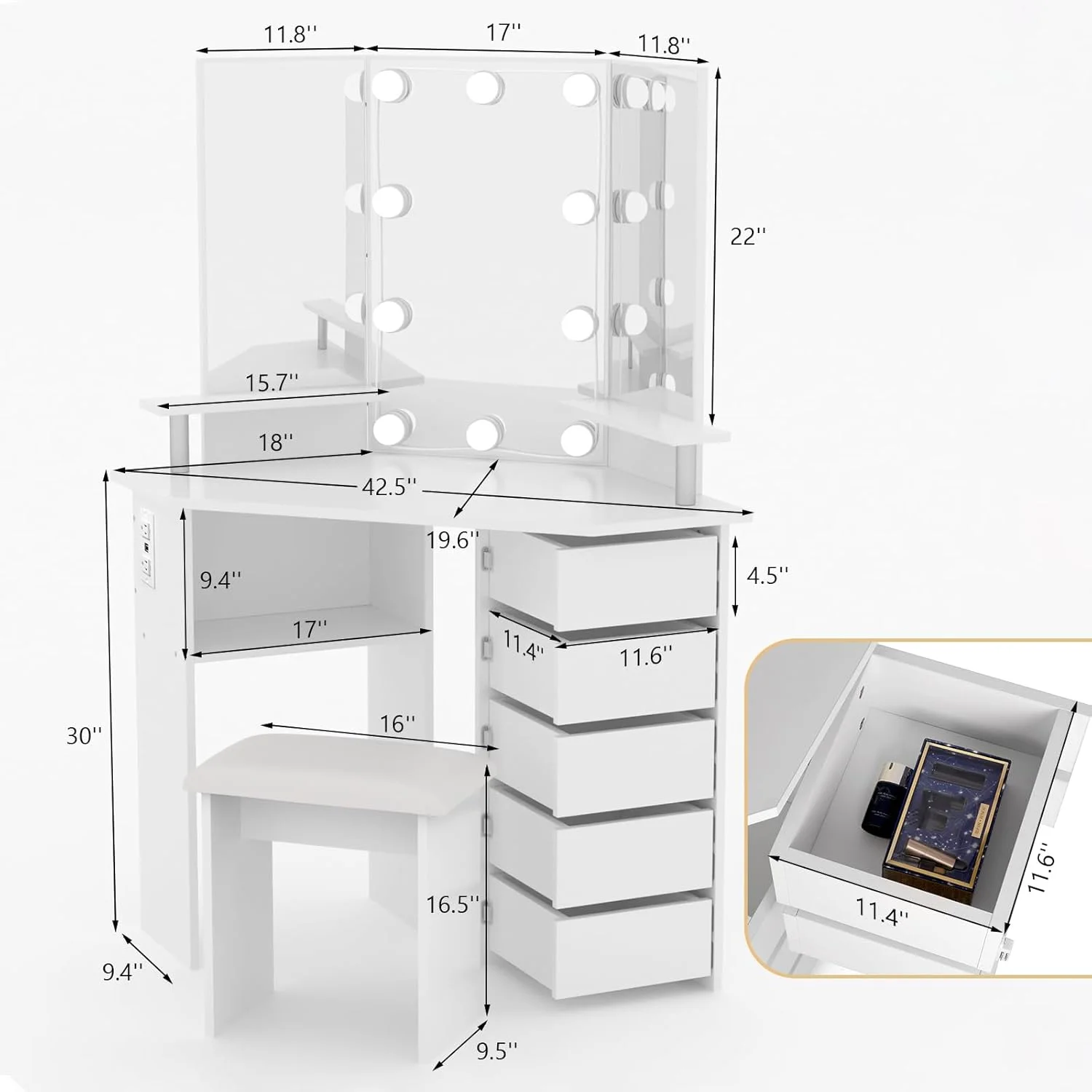 Vanity with Lights - Makeup Vanity Desk with Power Outlet, 3 Color Lighting Options Brightness Adjustable, 5 Rotating Drawers