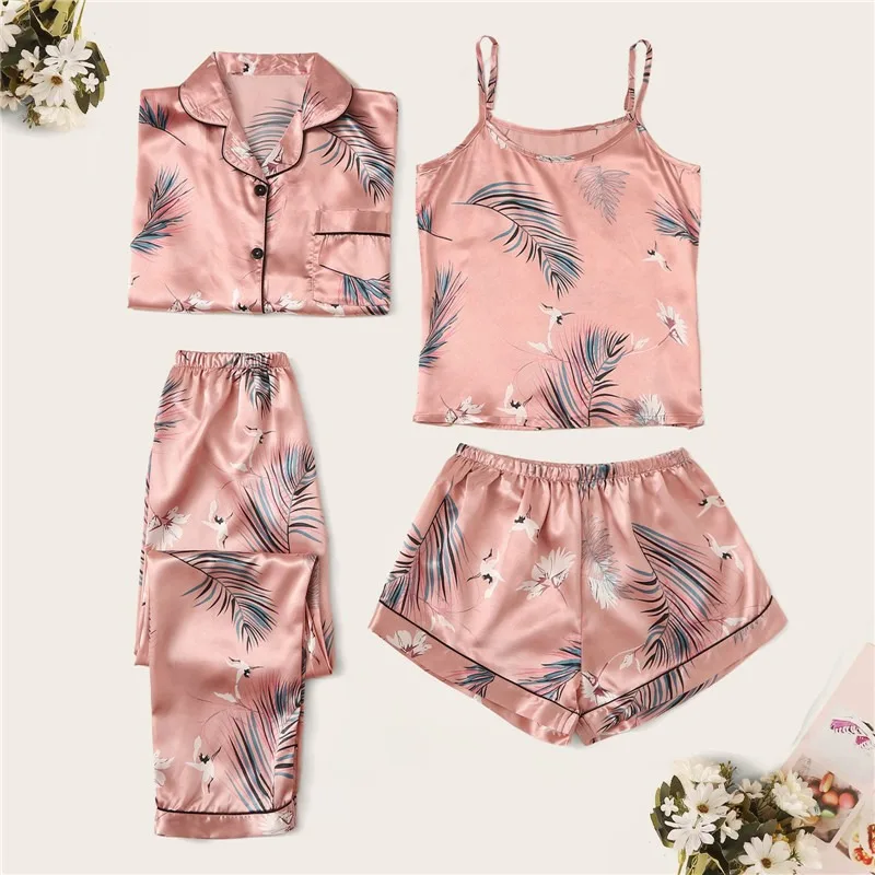 2022 New Fashion Sexy Floral Pajama Set Women's 4 Pieces Sleepwear Pyjamas Silk Satin Cami Top And Bottoms Pajamas For Women