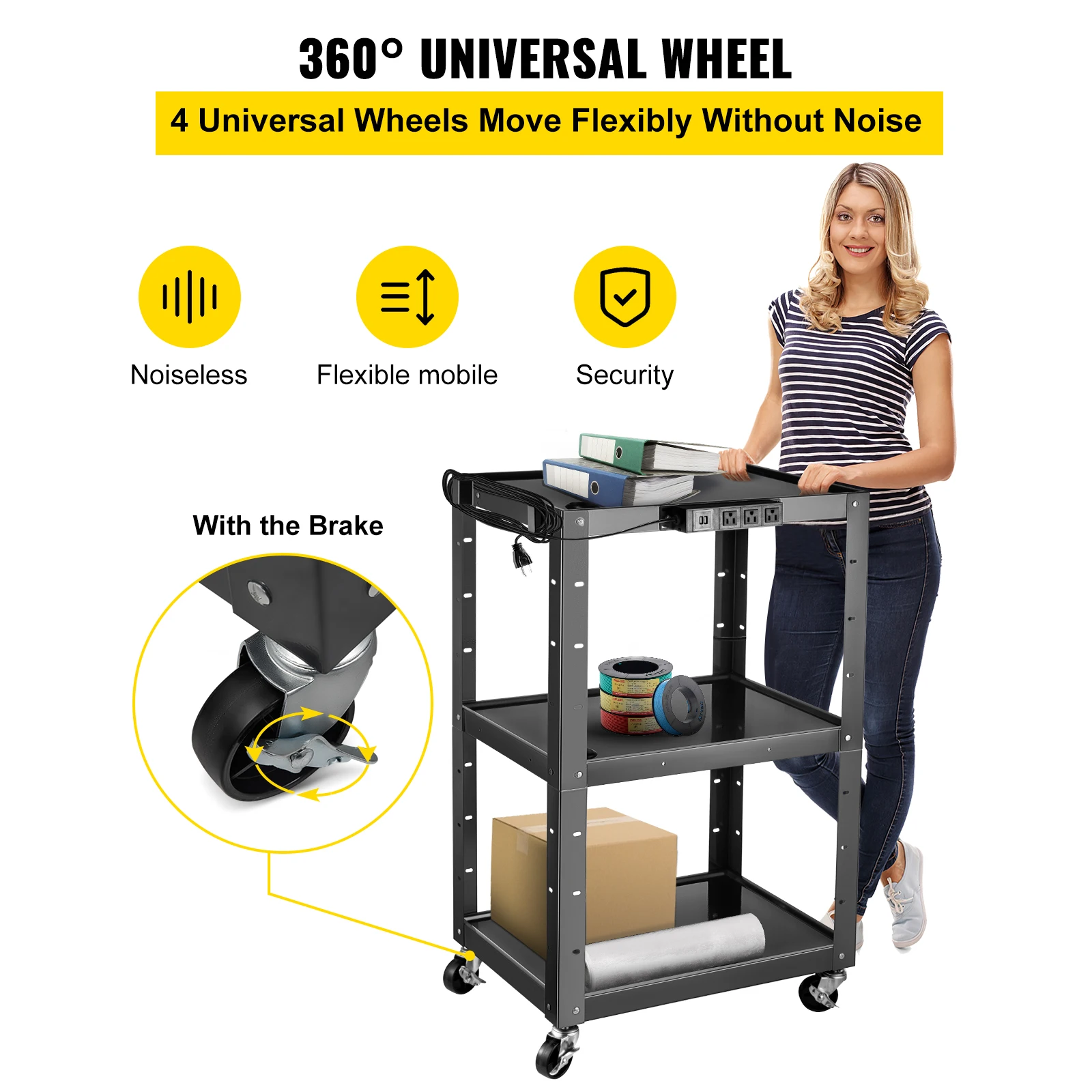 VEVOR Cold Rolled Steel AV Cart Media Cart with Cord Management 24-42 Inch Height Adjustable Shelves with Power Strip Attached