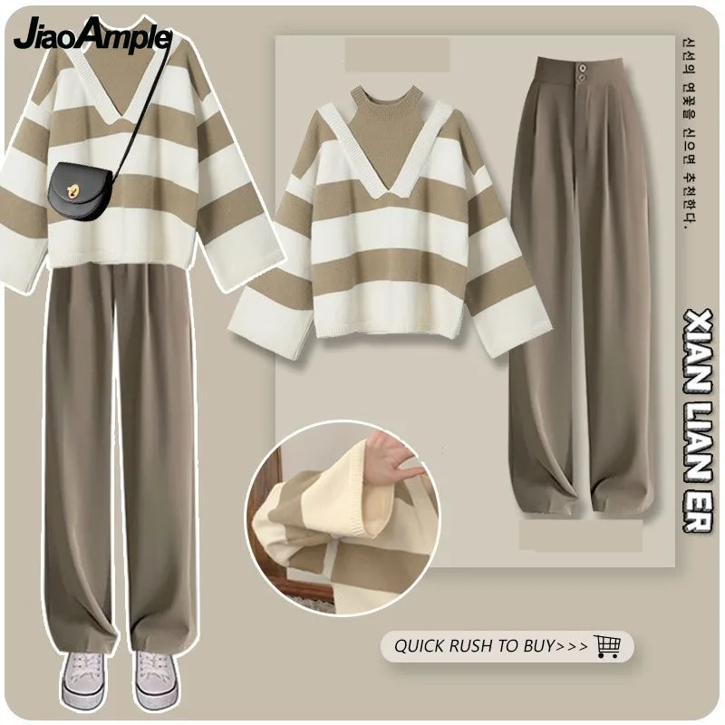 Women's Fashion Striped Sweater Pants Suit Korean Elegant Autumn Winter New Fake Two-piece Blouse+Wide Leg Pants Two-piece Set blouses gradient striped halter cold shoulder blouse in multicolor size l m s