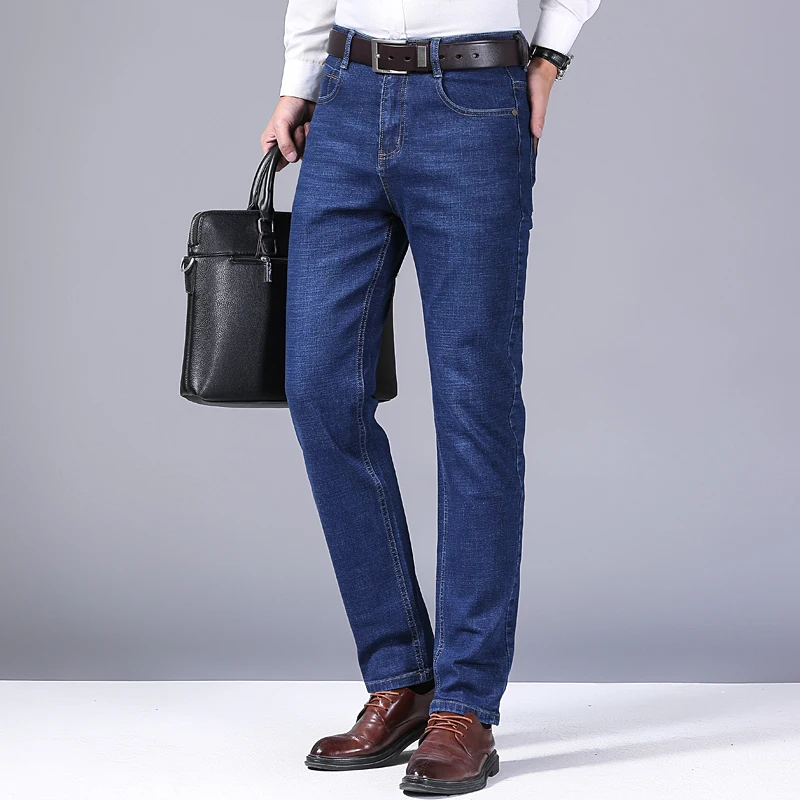 Commute Elastic Slim Straight Trousers Spring Summer Autumn Business Casual Men's Clothing Zipper All-match Solid Color Jeans