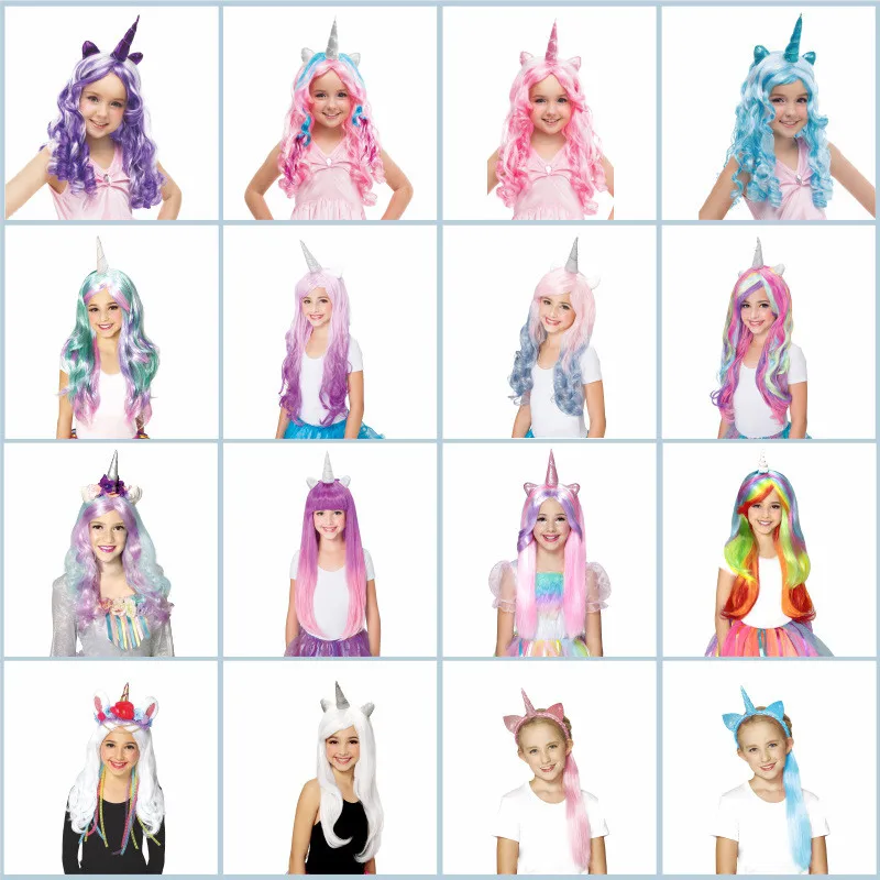 Rainbow Unicorn Wig Girls Kids Long Fake Hair Cosplay Cartoon Accessories
