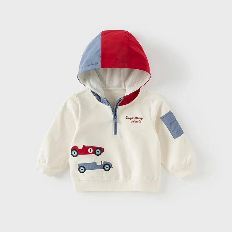 Dave Bella Kid Boys Casual All Match Pullover Srping New Boys Loose Beige Hooded Sweatshirt Children Clothing DB1250991 - Image 2