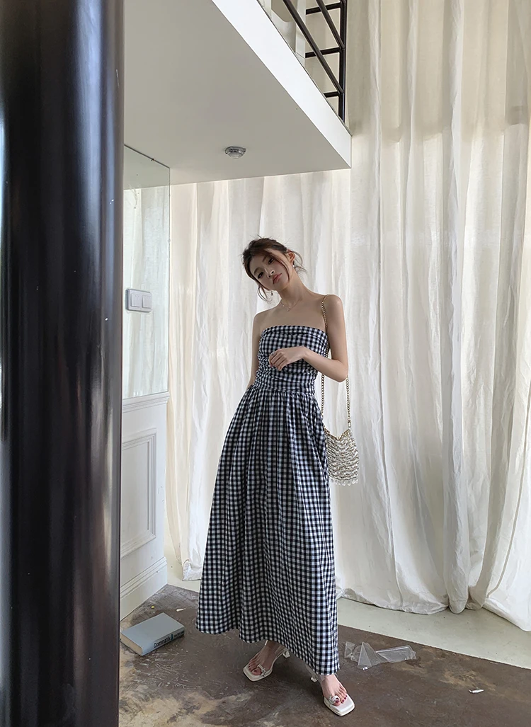 Casual Strapless Midi Dresses for Women Striped Sleeveless A-line Korean Chic Summer New Party Dress Vestidos Mujer