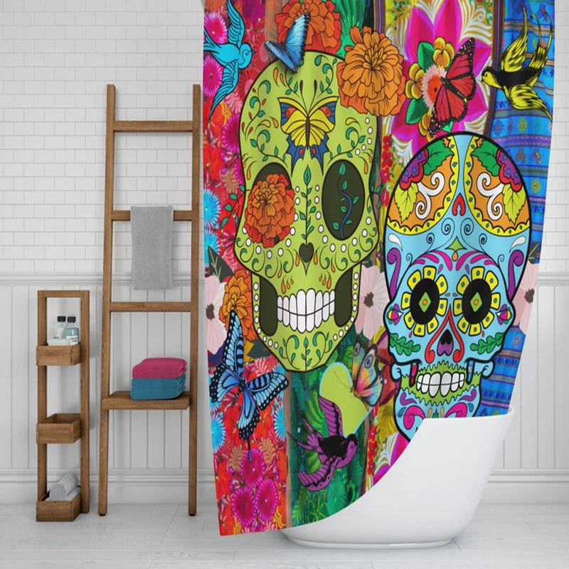 

3D Print Skull Skeleton Shower Curtain with Hooks Waterproof Bath Curtain and Anti-mold Room Partition Curtain Bathroom Decor