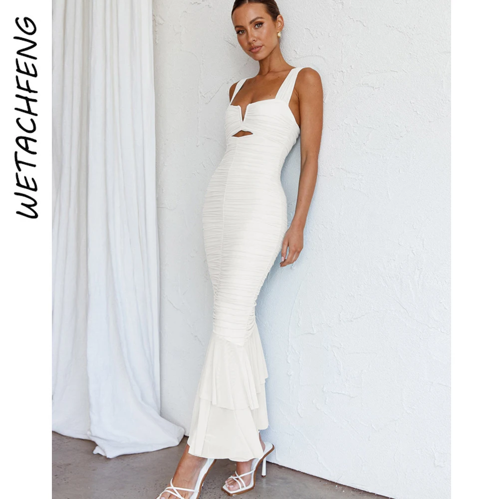 

Sleeveless Bodycon Dress White Elegant Women Summer Sexy Ruched Backless Skinny Holiday Party Evening Long Dress Lady Clothes