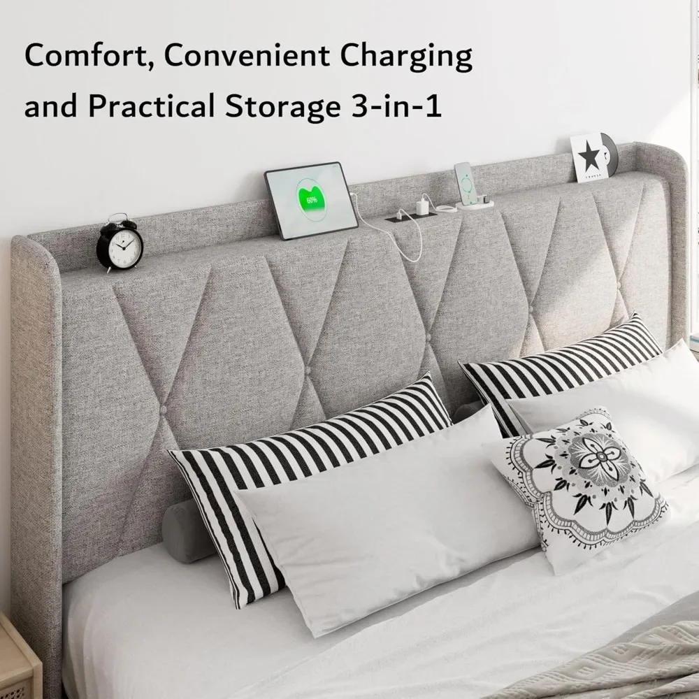 King Bed Frame with 4 Storage Drawers with Charging Station, Modern Wingback Storage Headboard, Platform Bed Frame 5