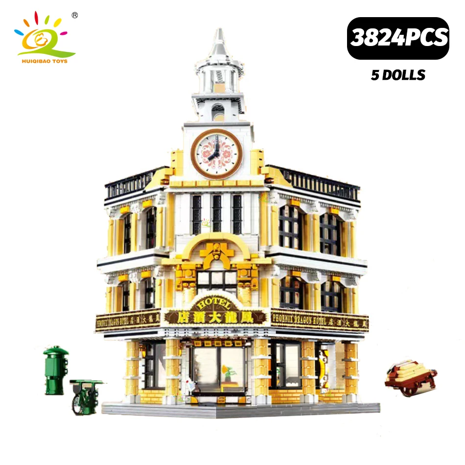 

HUIQIBAO City Hotel Restaurant Building Blocks Street View Paramount Hall Micro Architecture Diamond Bricks Children Toys Gift