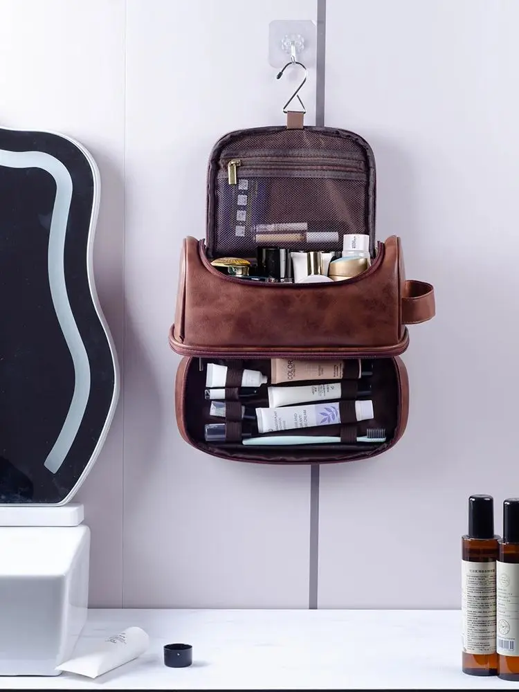 Men's Leather Toiletry Organizer with Hanging Hook - Large, Water-Resistant Travel Kit