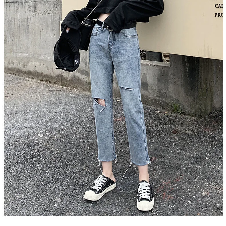 

Ripped Jeans Women Chic Harajuku High Street Stylish Summer Popular Teens Ankle-Length Trouser Vintage Tassel Womens Jean Pocket