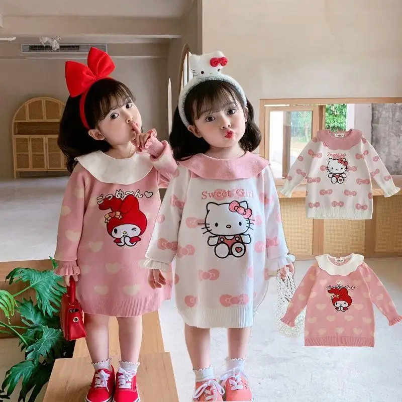 

Платье принцессы Sanrio Kawaii аниме Hello Kitty моя мелодия Новинка милое мультяшное осенне-зимнее трикотажное платье с кукольным воротником и юбкой для девочек