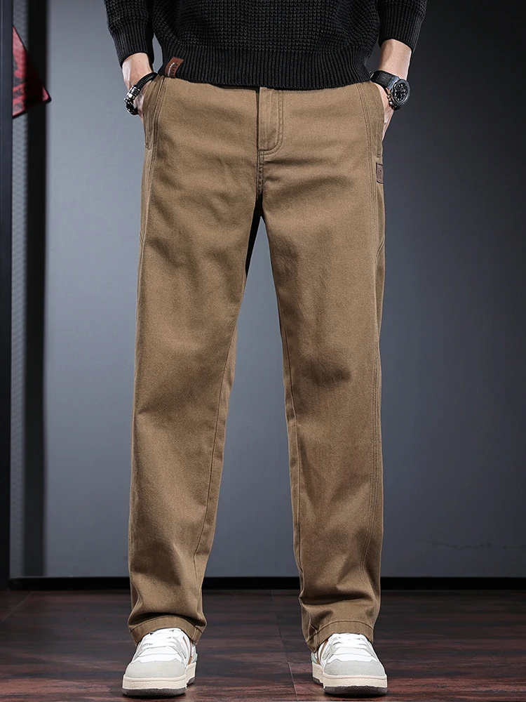 Khaki Cotton Baggy Straight Pants Men Autumn Korean Style Outdoor Casual Elastic Waist Loose Trousers