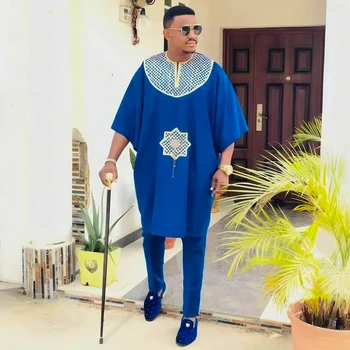 H&D Abiti africani per uomo Set da 2 pezzi Top e pantaloni ricamati Elue Abbigliamento tradizionale Ricco Bazin Festa di nozze originale 1