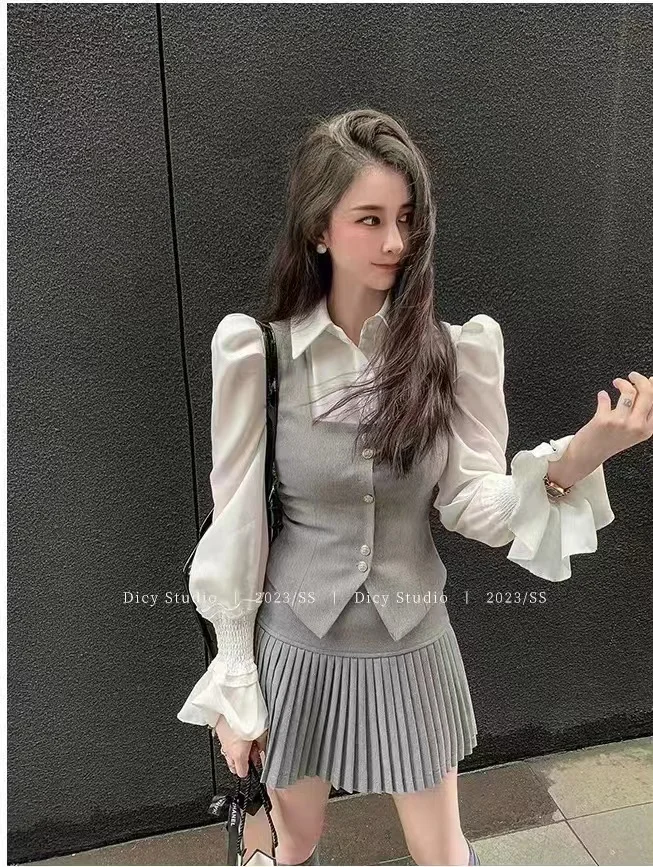 Sweet 3 Piece Set Women Flare Sleeve Shirt Square Collar Vest Pleated Mini Skirt Autumn Spring Solid Y2K Korean Chic Outfits New