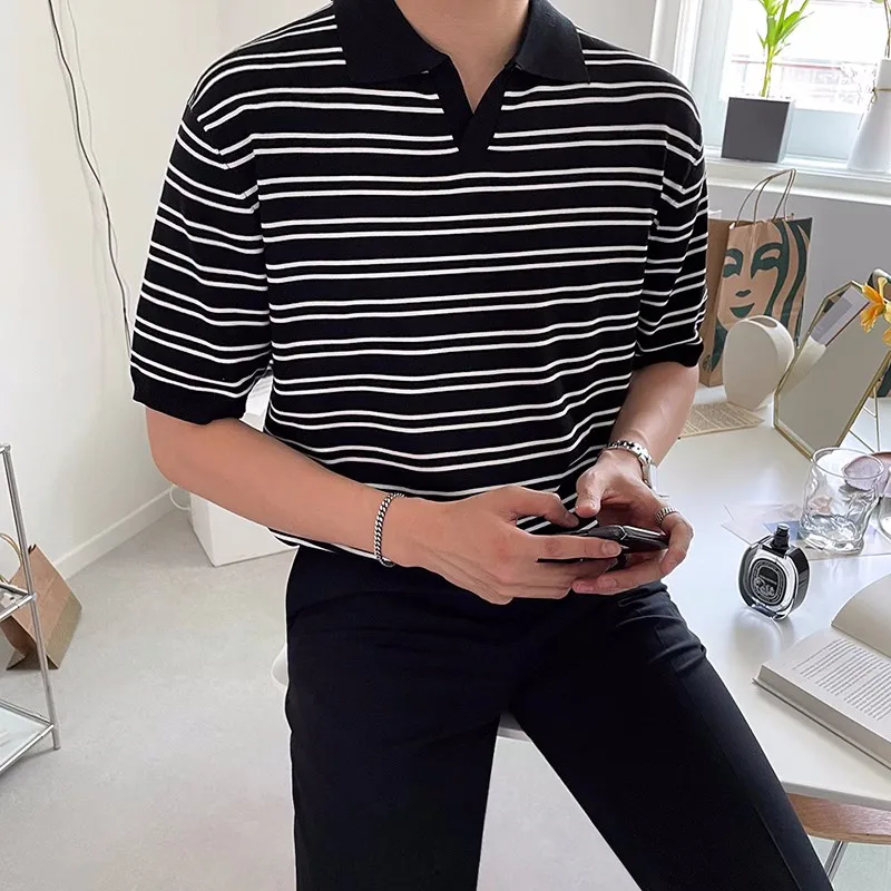 

2023 Summer Men's Striped Printing Short Sleeve T-shirt Loose Retro Style T Shirt Half Sleeve Knitted Bottom Tshirt Top